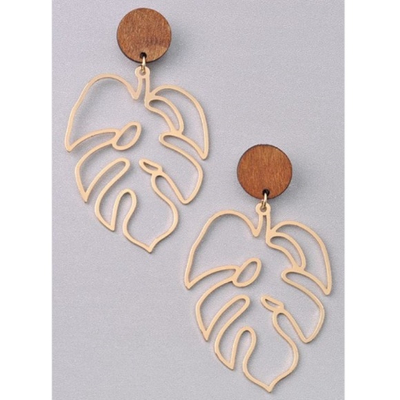 Palm Leaf Earring Gold Natural Wood New - Picture 1 of 2